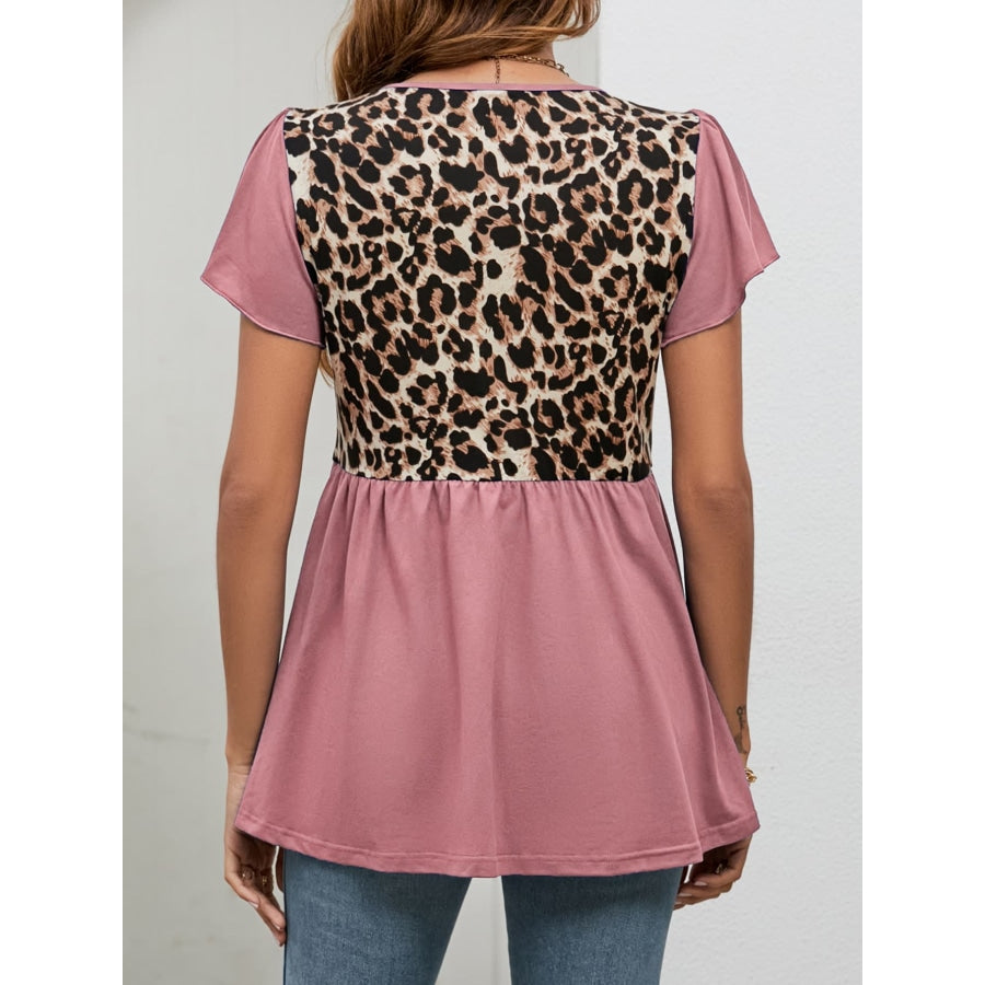 Leopard Round Neck Flutter Sleeve Babydoll Blouse