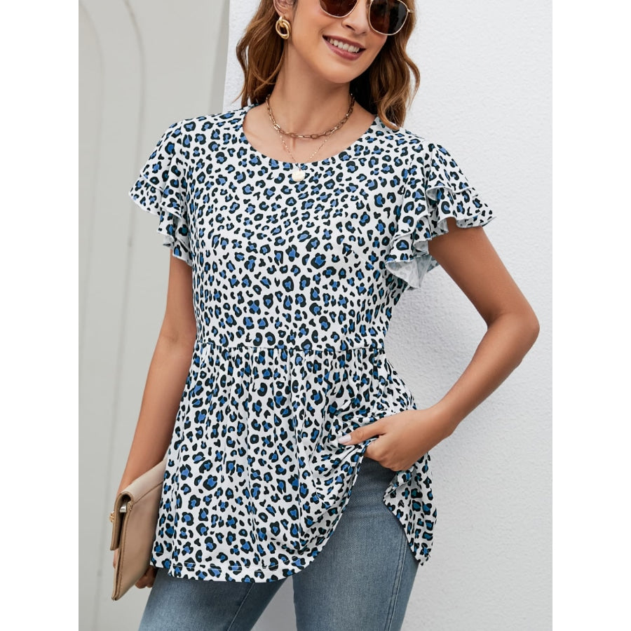 Leopard Round Neck Flutter Sleeve Babydoll Blouse