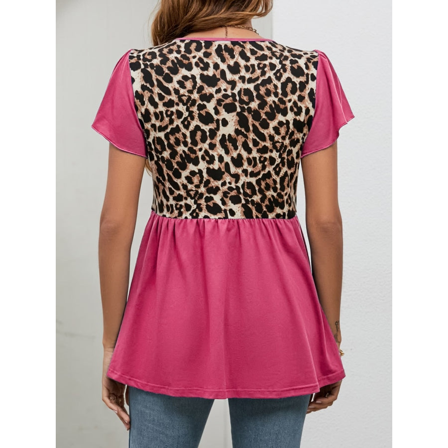 Leopard Round Neck Flutter Sleeve Babydoll Blouse