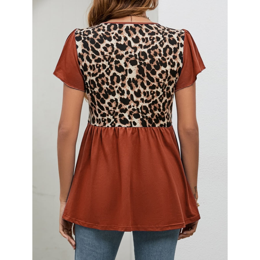 Leopard Round Neck Flutter Sleeve Babydoll Blouse