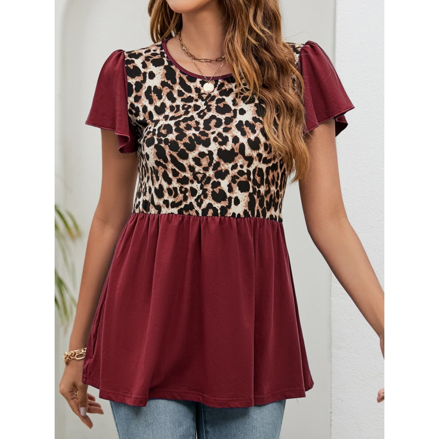 Leopard Round Neck Flutter Sleeve Babydoll Blouse Wine / S