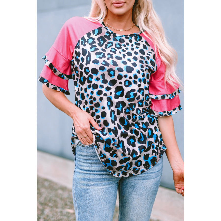 Leopard Round Neck Half Sleeve T-Shirt Hot Pink / S Apparel and Accessories