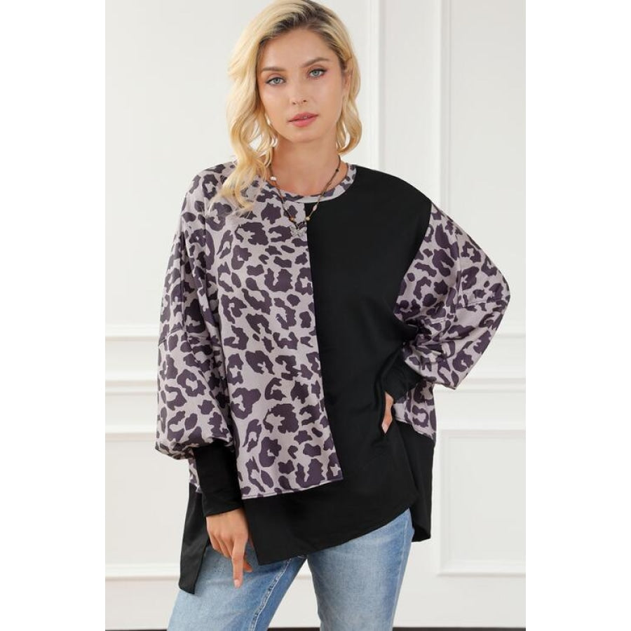 Leopard Round Neck Lantern Sleeve Slit Sweatshirt Black / S