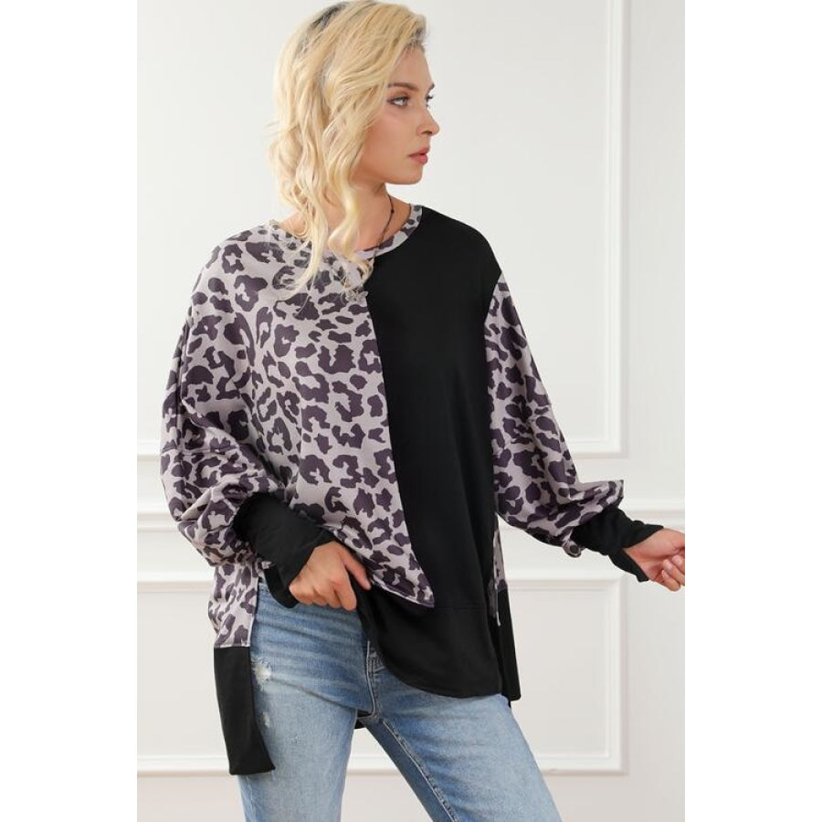 Leopard Round Neck Lantern Sleeve Slit Sweatshirt