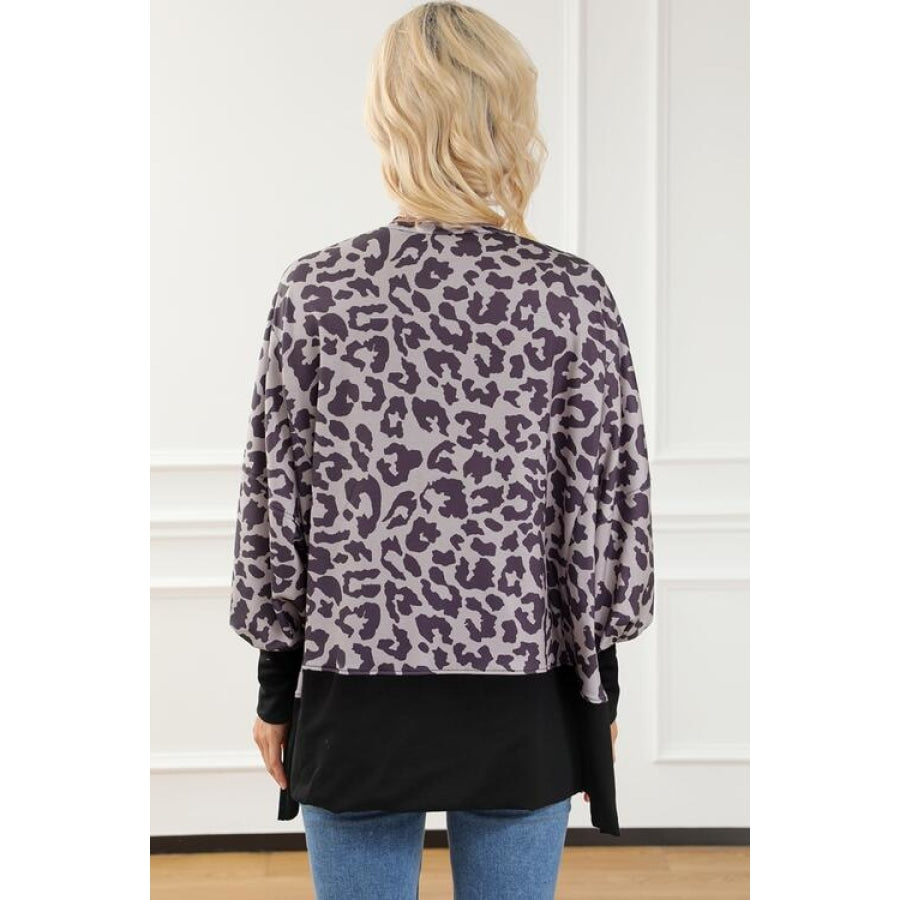 Leopard Round Neck Lantern Sleeve Slit Sweatshirt