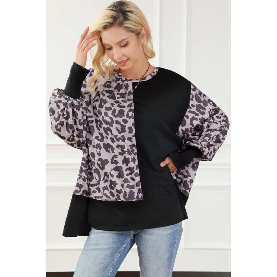 Leopard Round Neck Lantern Sleeve Slit Sweatshirt