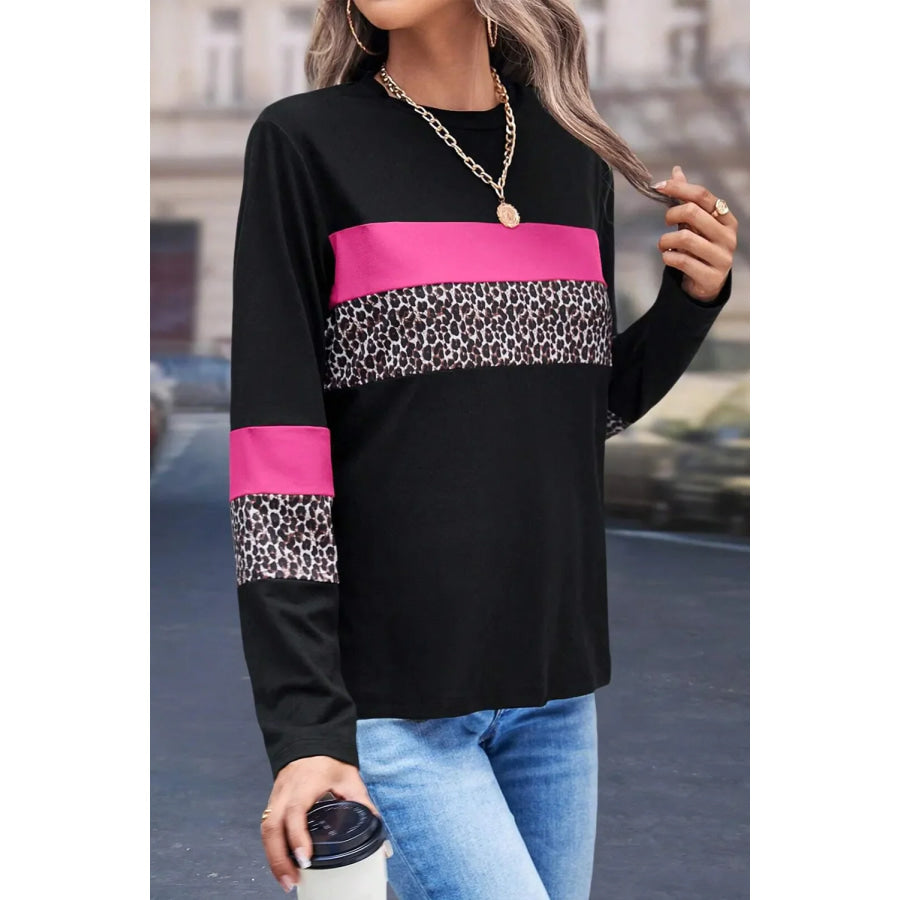 Leopard Round Neck Long Sleeve Blouse Apparel and Accessories