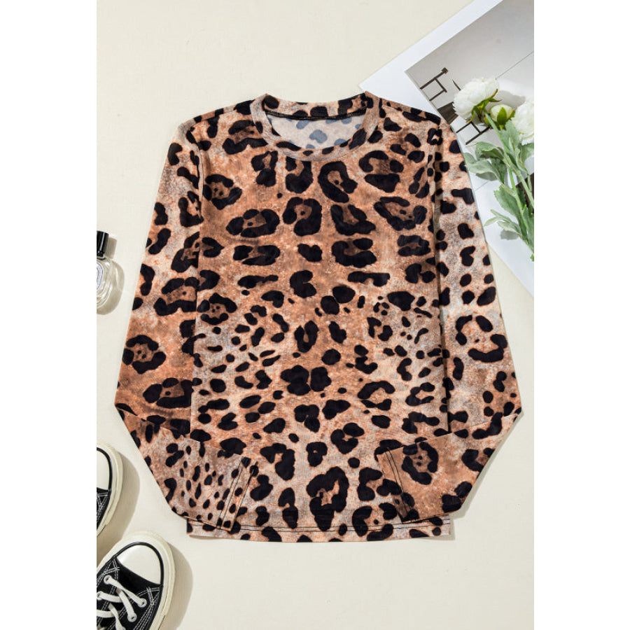 Leopard Round Neck Long Sleeve Blouse Apparel and Accessories