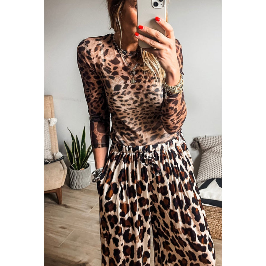 Leopard Round Neck Long Sleeve Blouse Apparel and Accessories