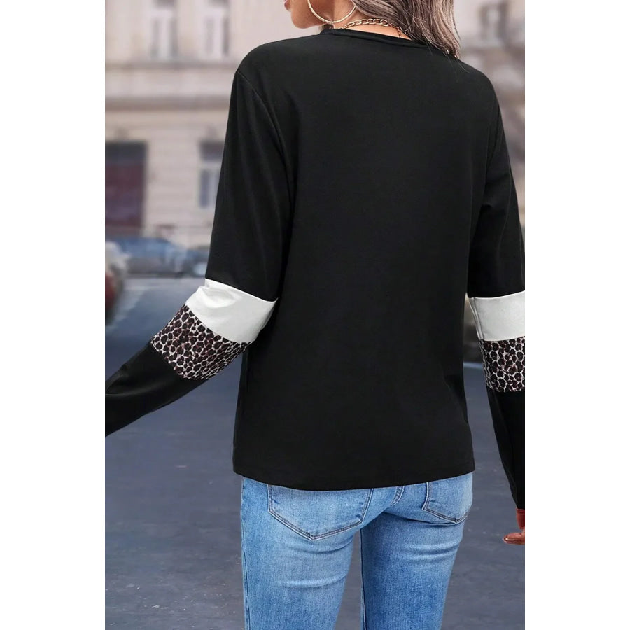 Leopard Round Neck Long Sleeve Blouse Apparel and Accessories