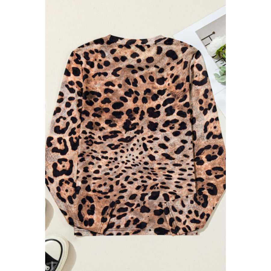 Leopard Round Neck Long Sleeve Blouse Apparel and Accessories