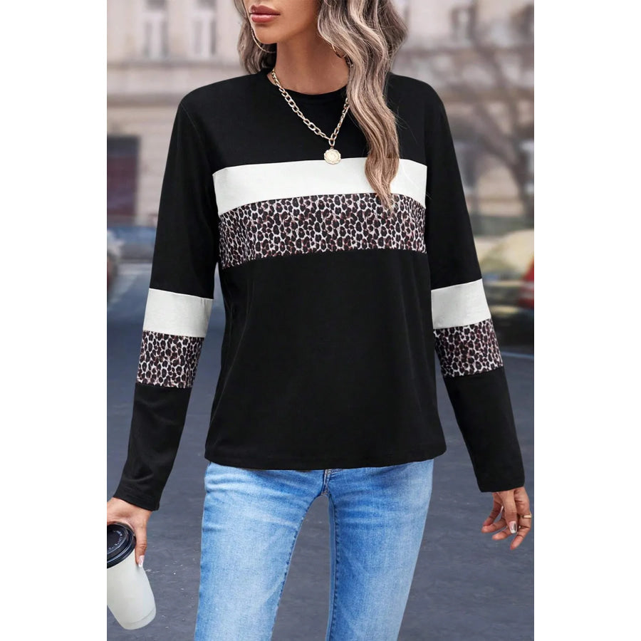 Leopard Round Neck Long Sleeve Blouse Apparel and Accessories