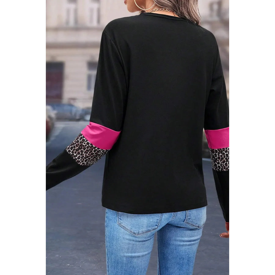 Leopard Round Neck Long Sleeve Blouse Apparel and Accessories