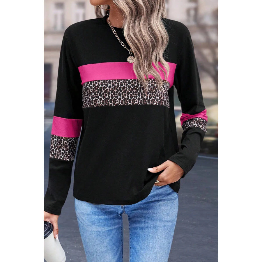 Leopard Round Neck Long Sleeve Blouse Fuchsia Pink / S Apparel and Accessories