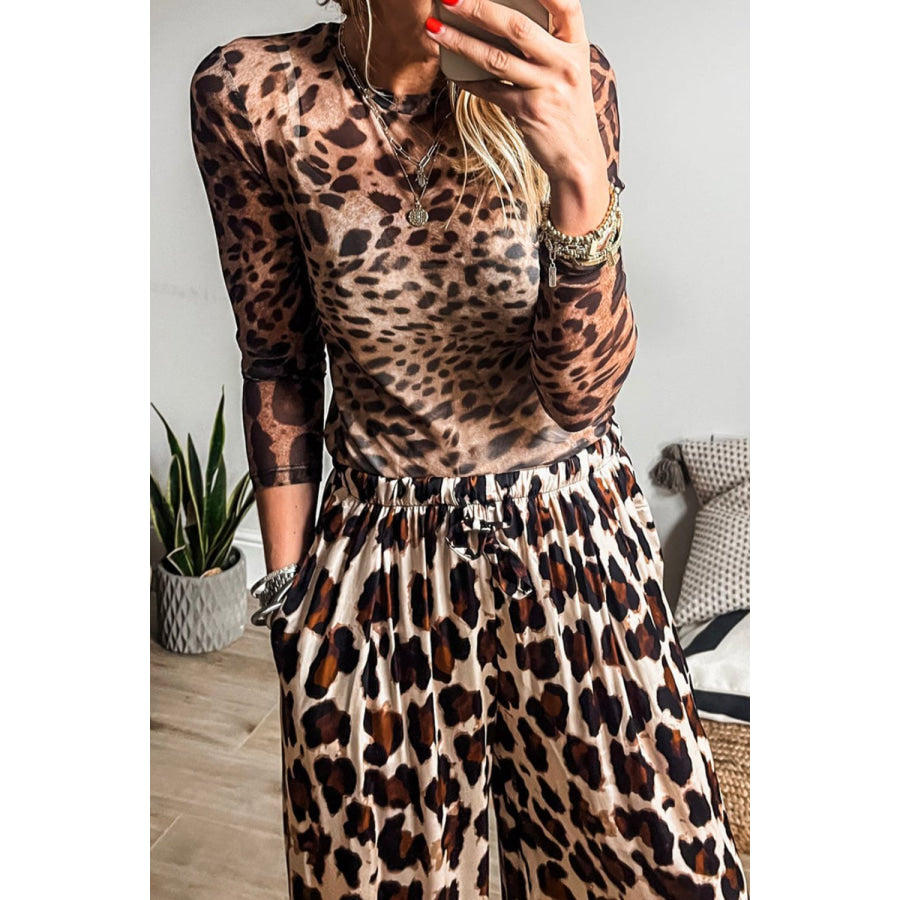 Leopard Round Neck Long Sleeve Blouse Leopard / S Apparel and Accessories