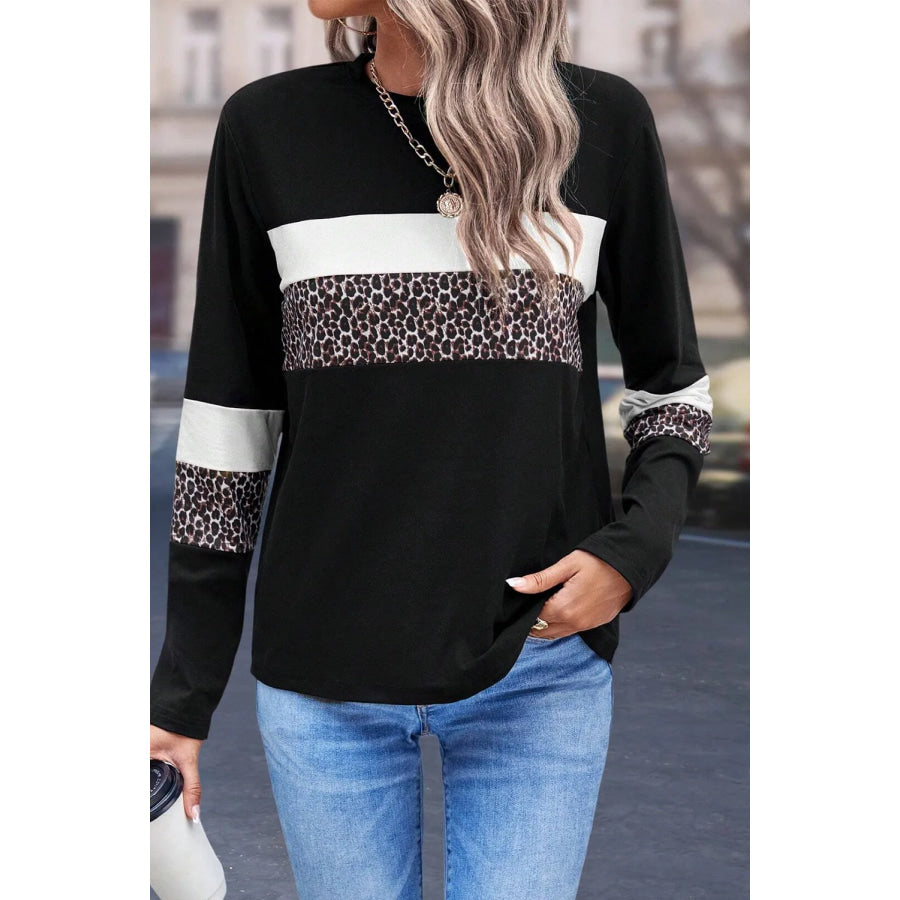 Leopard Round Neck Long Sleeve Blouse White / S Apparel and Accessories