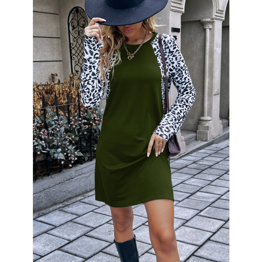 Leopard Round Neck Long Sleeve Dress Apparel and Accessories