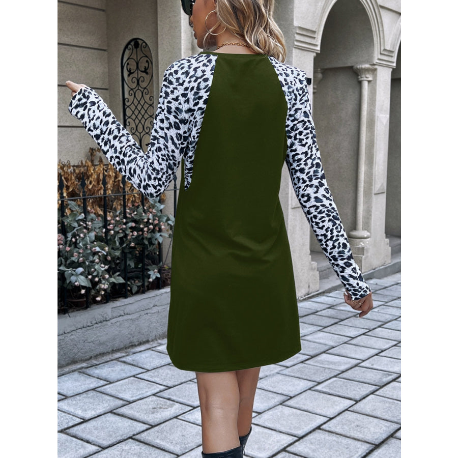 Leopard Round Neck Long Sleeve Dress Apparel and Accessories