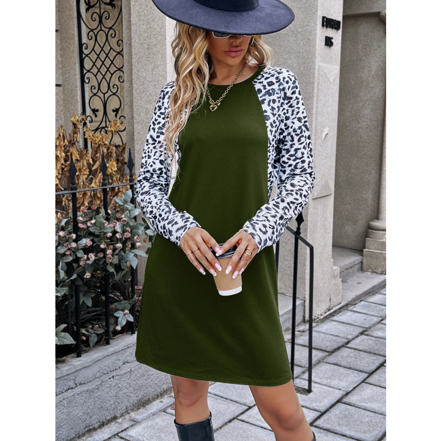 Leopard Round Neck Long Sleeve Dress Army Green / S Apparel and Accessories