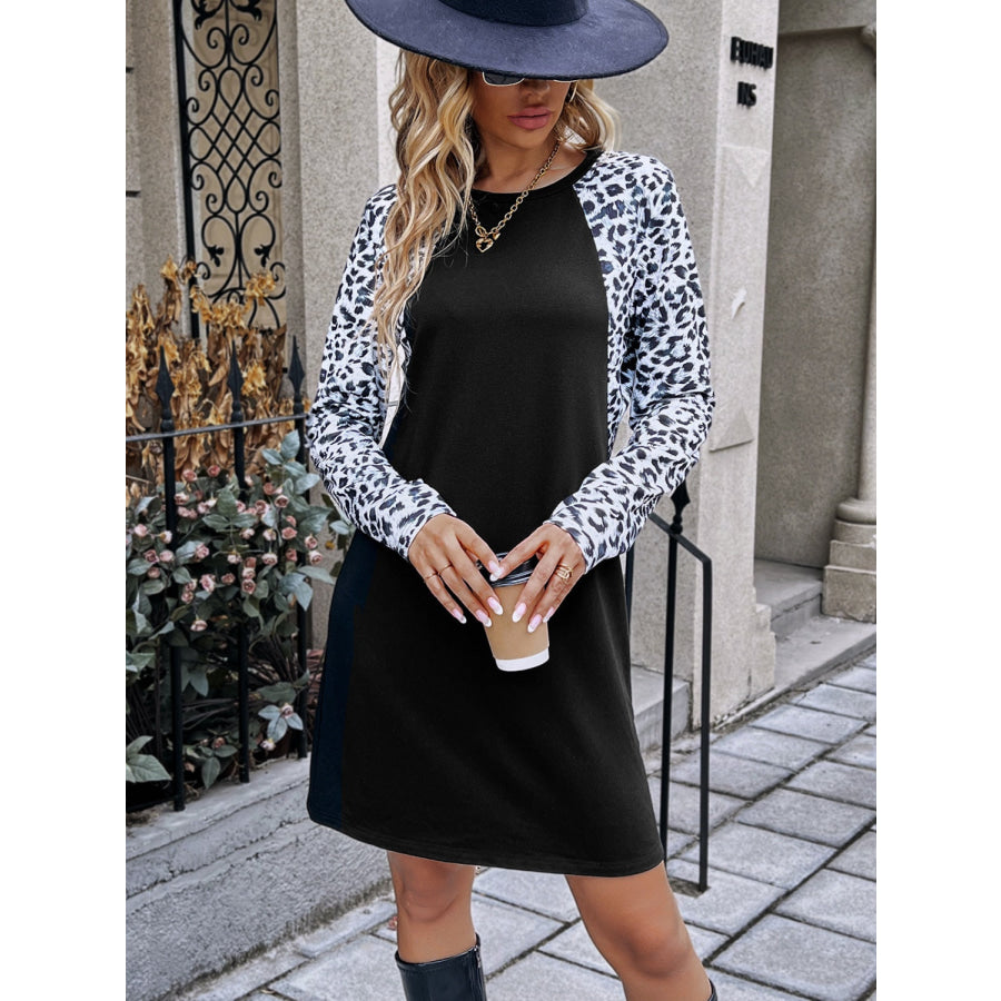 Leopard Round Neck Long Sleeve Dress Black / S Apparel and Accessories