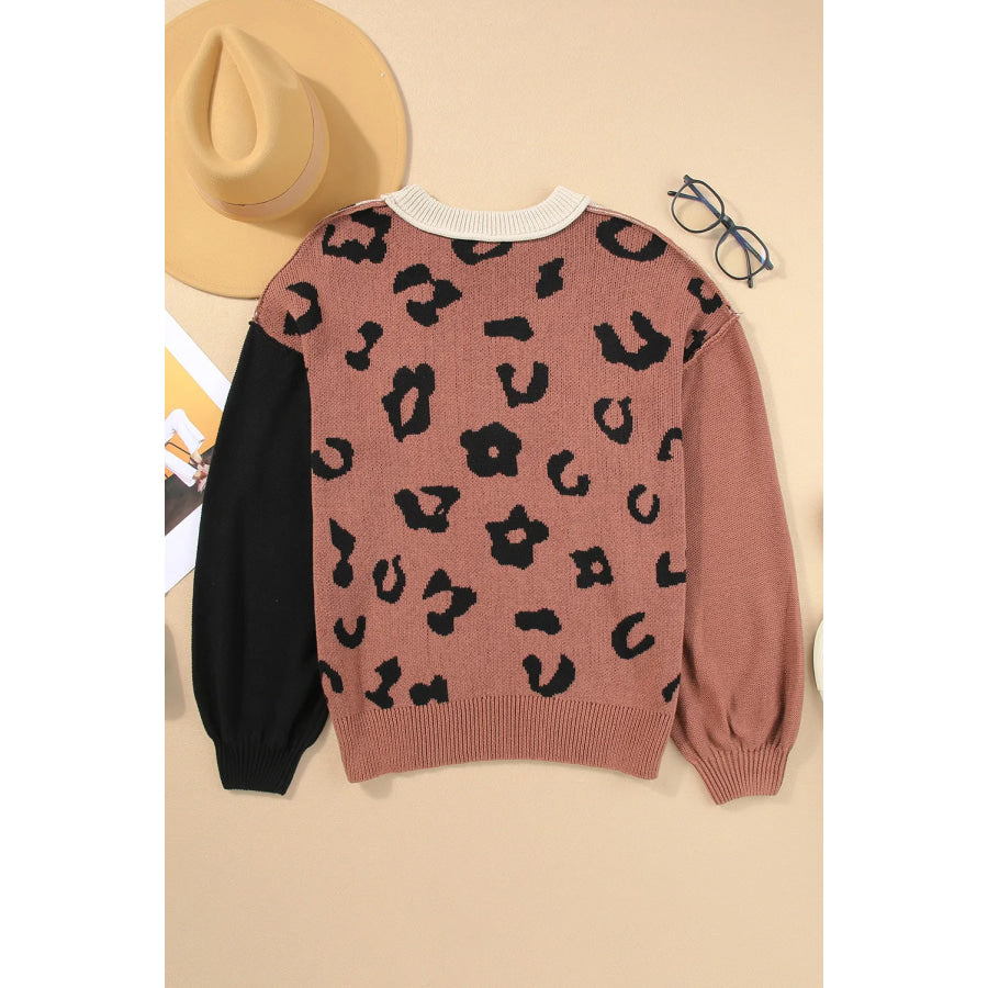 Leopard Round Neck Long Sleeve Sweater Apparel and Accessories