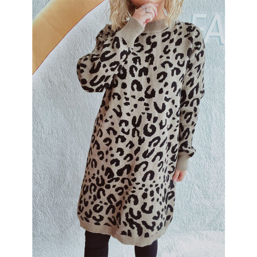 Leopard Round Neck Long Sleeve Sweater Apparel and Accessories