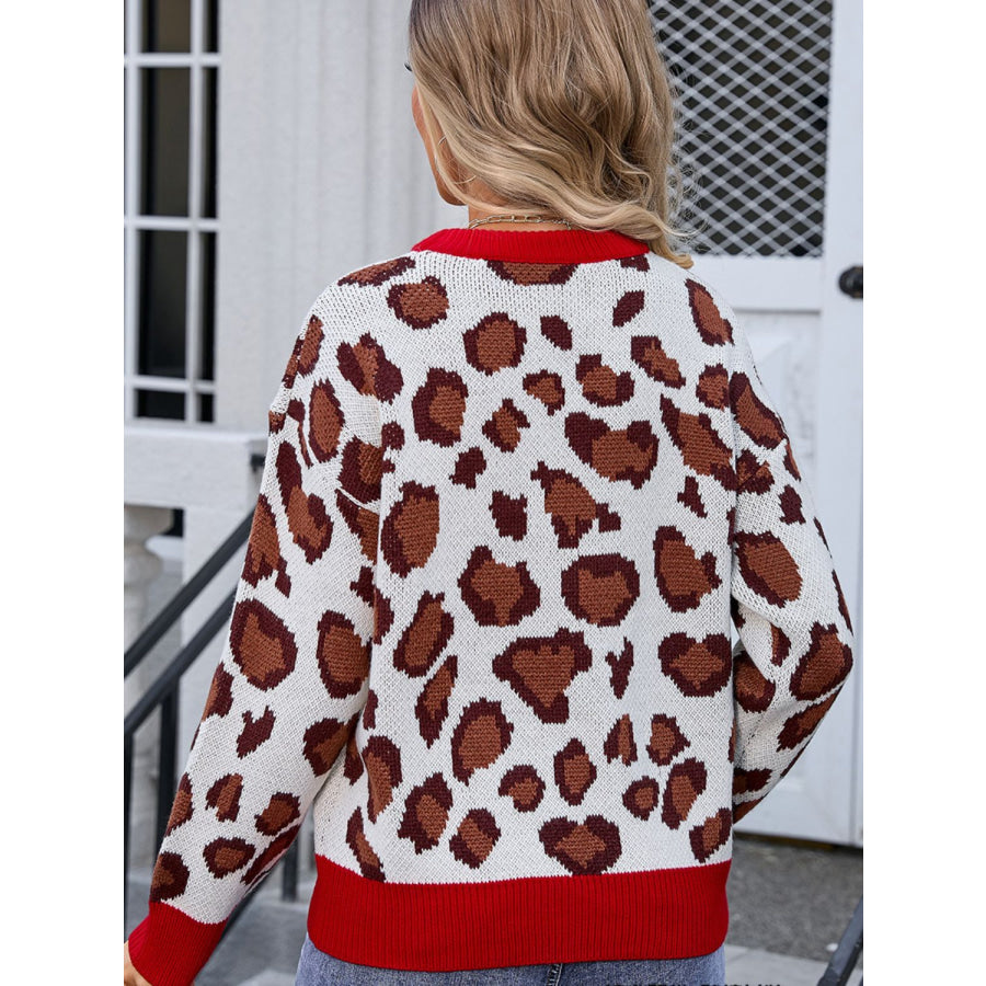 Leopard Round Neck Long Sleeve Sweater Apparel and Accessories