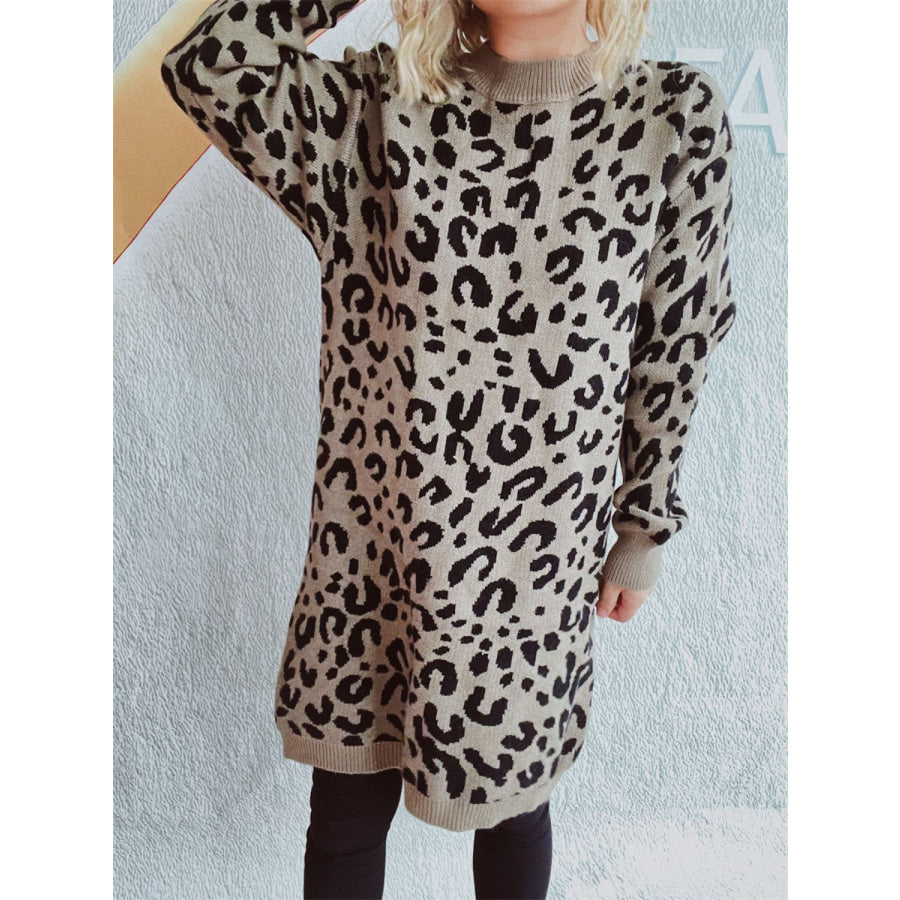 Leopard Round Neck Long Sleeve Sweater Apparel and Accessories