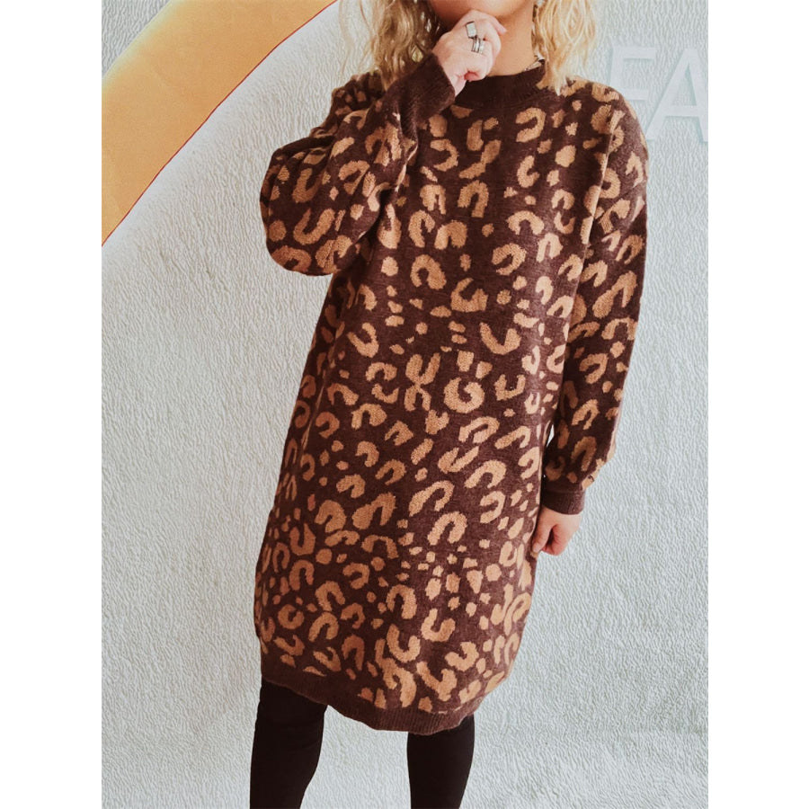 Leopard Round Neck Long Sleeve Sweater Apparel and Accessories