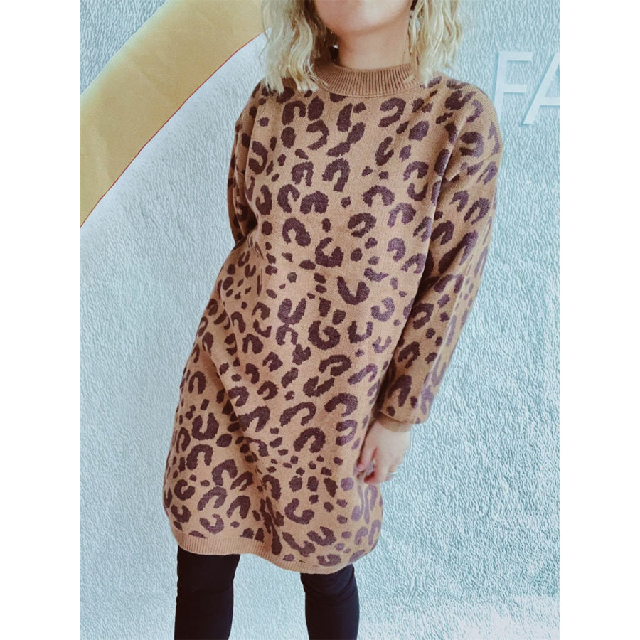 Leopard Round Neck Long Sleeve Sweater Apparel and Accessories