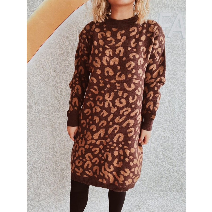 Leopard Round Neck Long Sleeve Sweater Apparel and Accessories