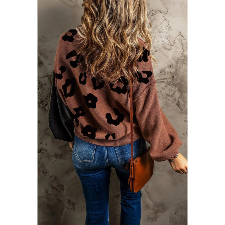 Leopard Round Neck Long Sleeve Sweater Apparel and Accessories