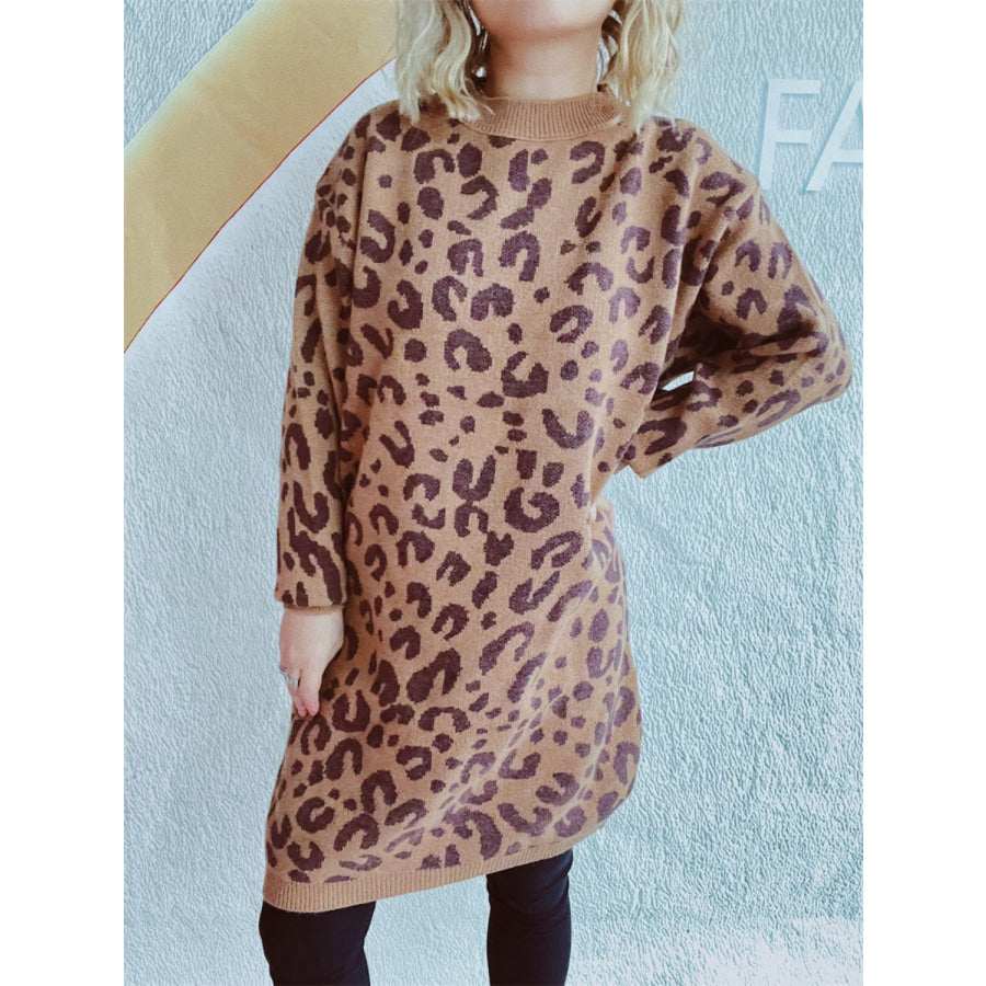 Leopard Round Neck Long Sleeve Sweater Apparel and Accessories