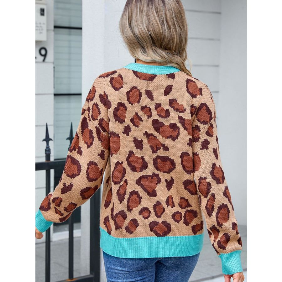 Leopard Round Neck Long Sleeve Sweater Khaki / S Apparel and Accessories