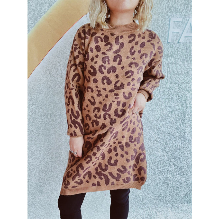 Leopard Round Neck Long Sleeve Sweater Caramel / One Size Apparel and Accessories