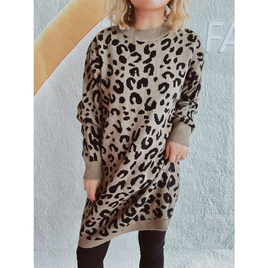 Leopard Round Neck Long Sleeve Sweater Khaki / One Size Apparel and Accessories