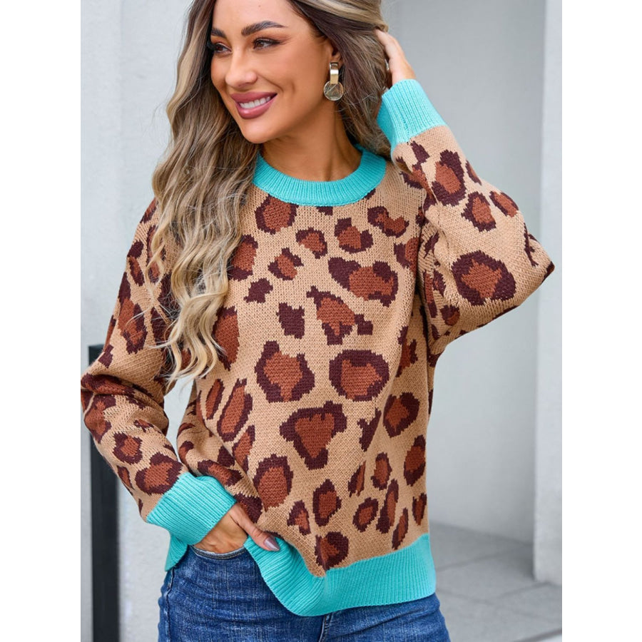 Leopard Round Neck Long Sleeve Sweater Khaki / S Apparel and Accessories