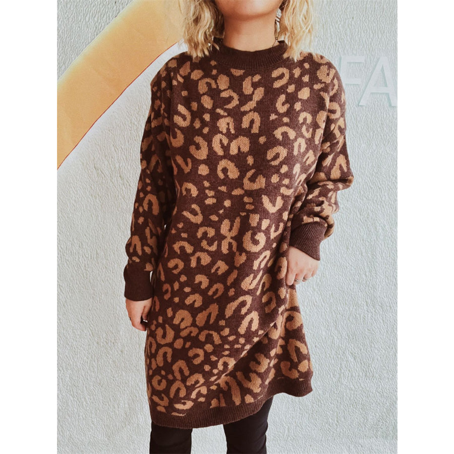 Leopard Round Neck Long Sleeve Sweater Ochre / One Size Apparel and Accessories