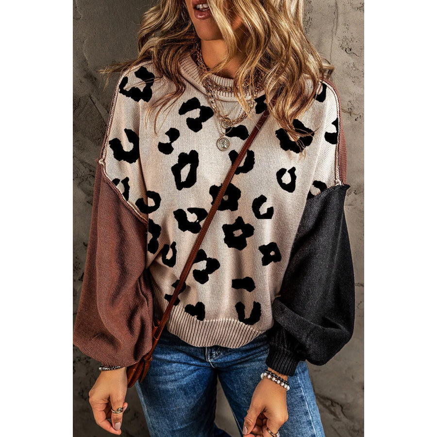 Leopard Round Neck Long Sleeve Sweater Leopard / S Apparel and Accessories