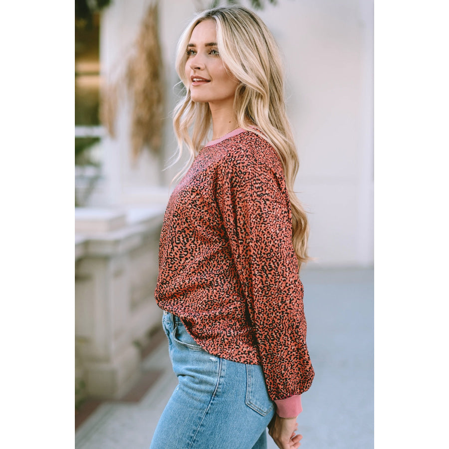 Leopard Round Neck Long Sleeve Sweatshirt Apparel and Accessories