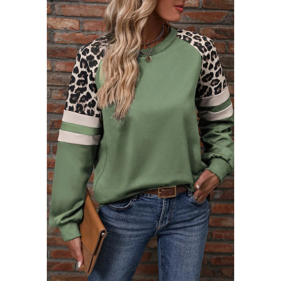 Leopard Round Neck Long Sleeve Sweatshirt Apparel and Accessories