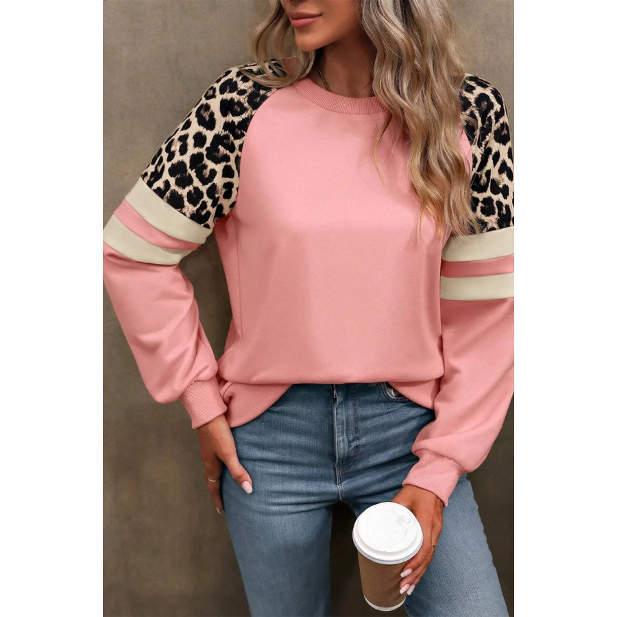 Leopard Round Neck Long Sleeve Sweatshirt Apparel and Accessories