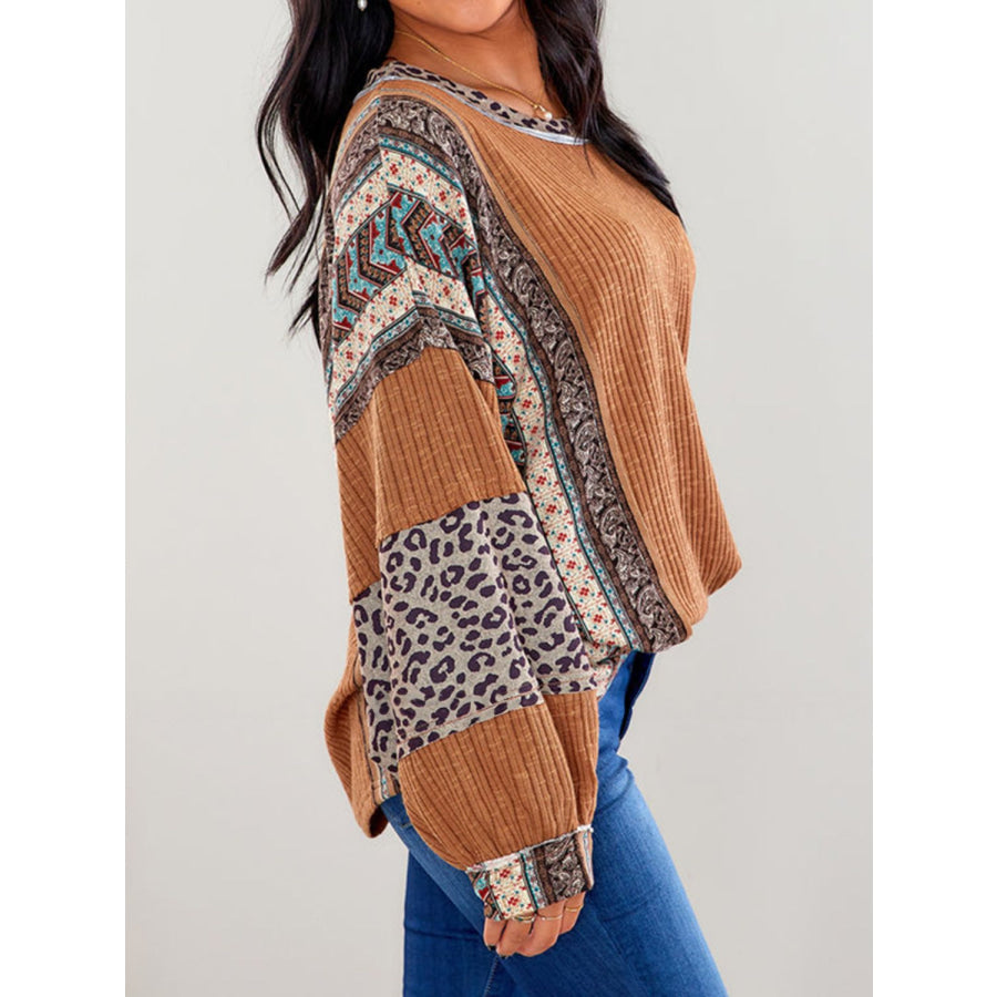 Leopard Round Neck Long Sleeve Sweatshirt Apparel and Accessories