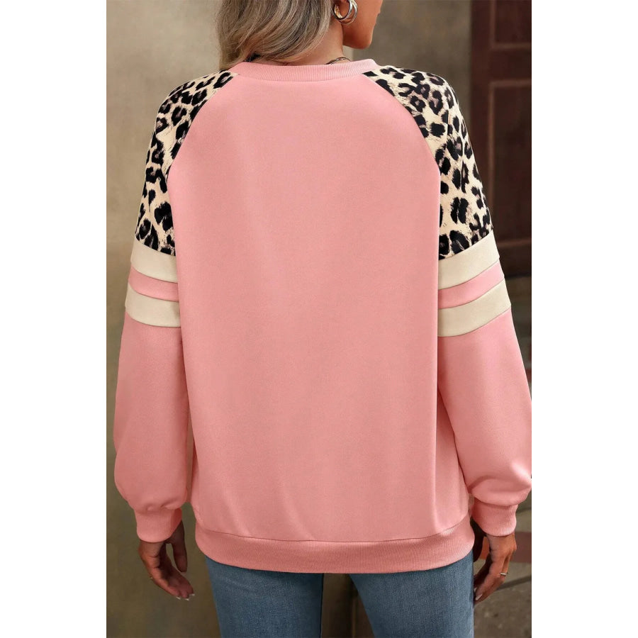 Leopard Round Neck Long Sleeve Sweatshirt Apparel and Accessories