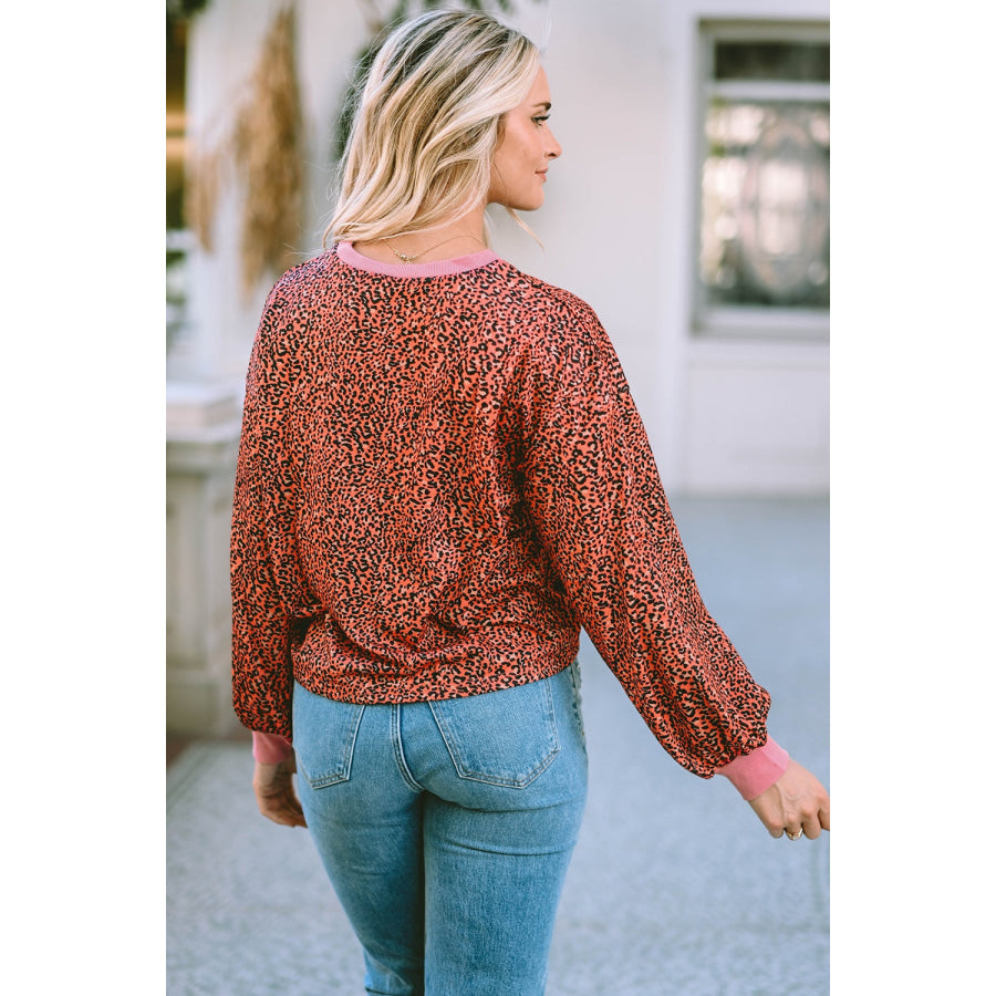 Leopard Round Neck Long Sleeve Sweatshirt Apparel and Accessories