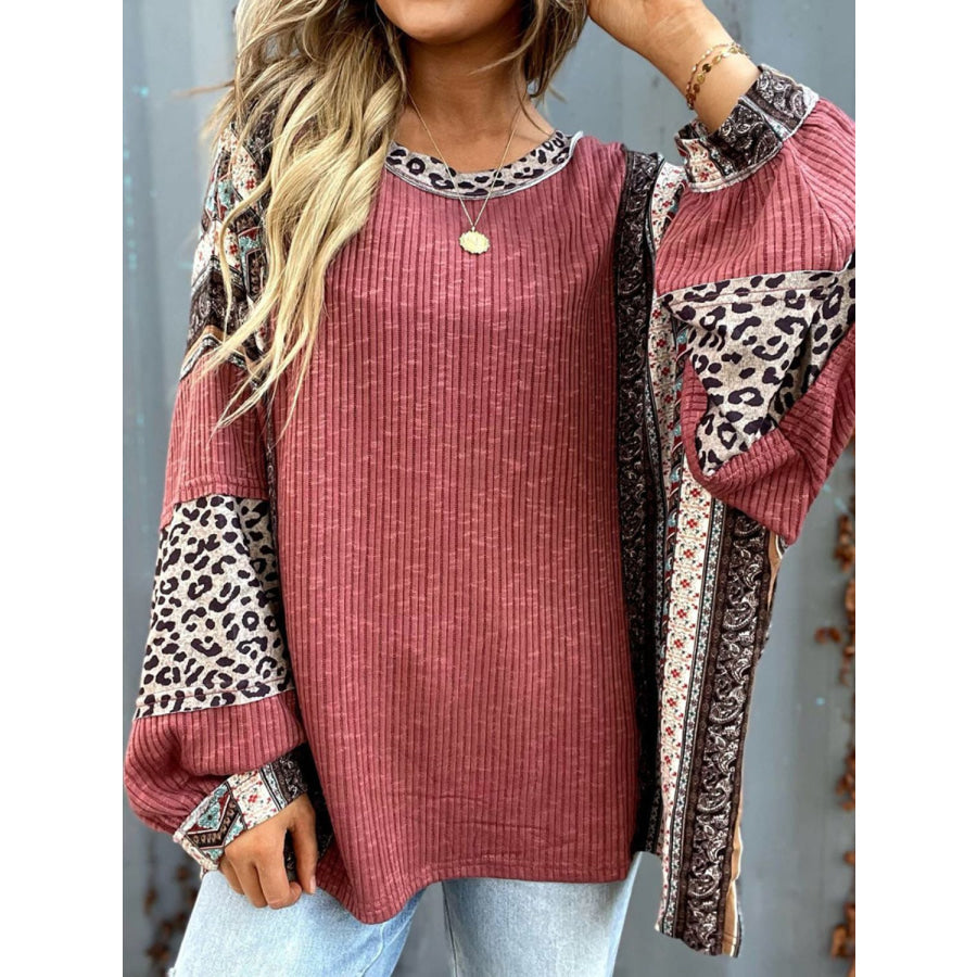 Leopard Round Neck Long Sleeve Sweatshirt Apparel and Accessories