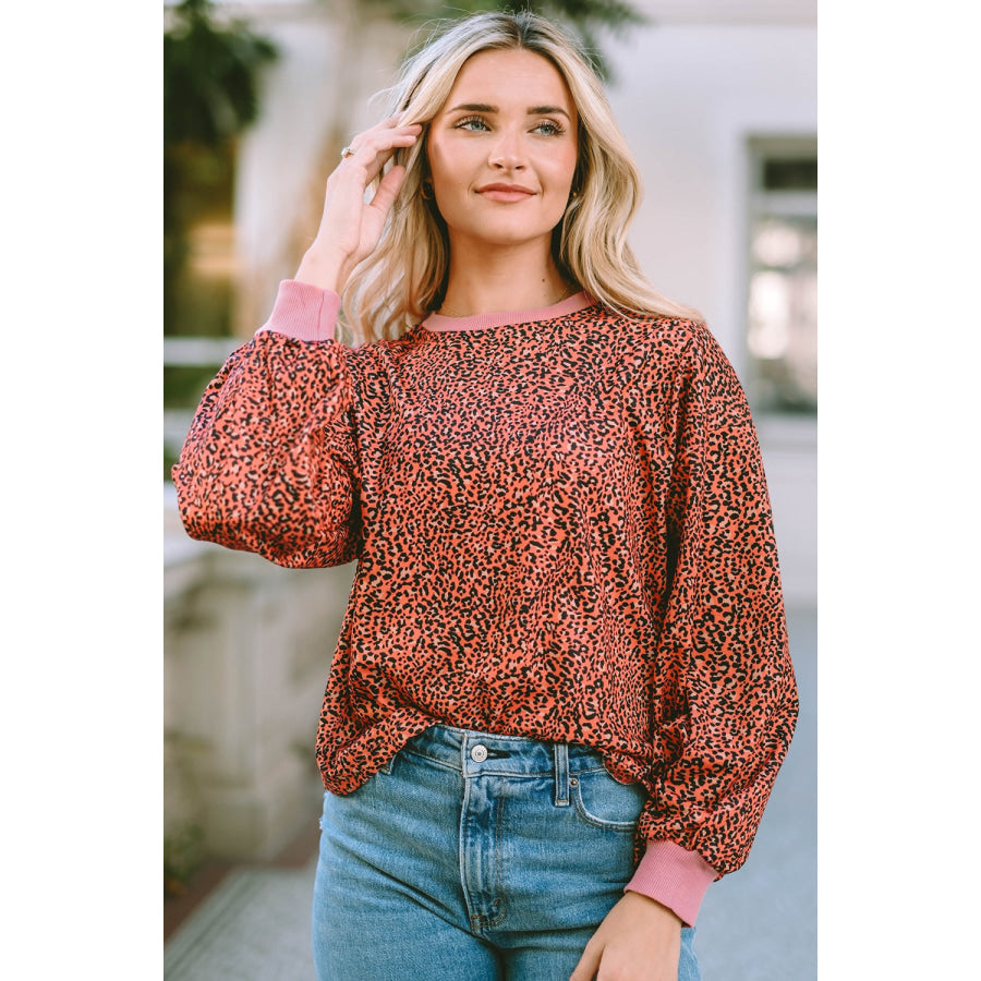 Leopard Round Neck Long Sleeve Sweatshirt Apparel and Accessories