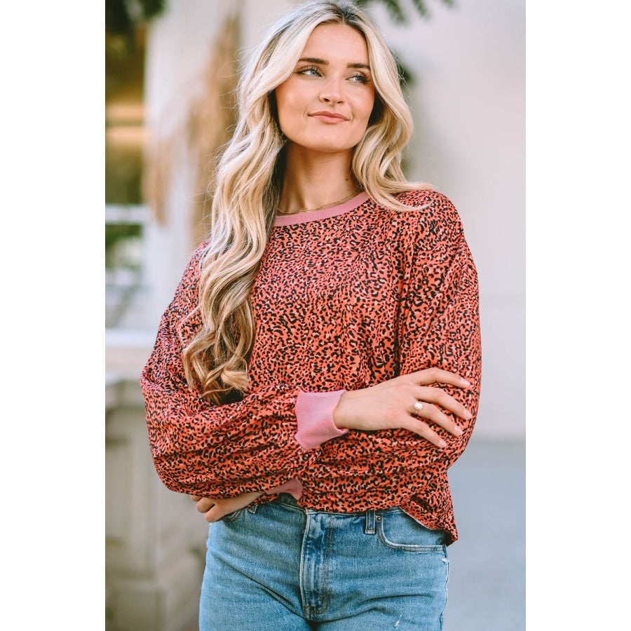 Leopard Round Neck Long Sleeve Sweatshirt Apparel and Accessories