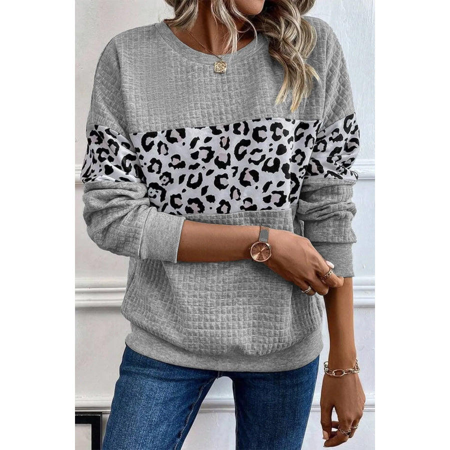 Leopard Round Neck Long Sleeve Sweatshirt Apparel and Accessories