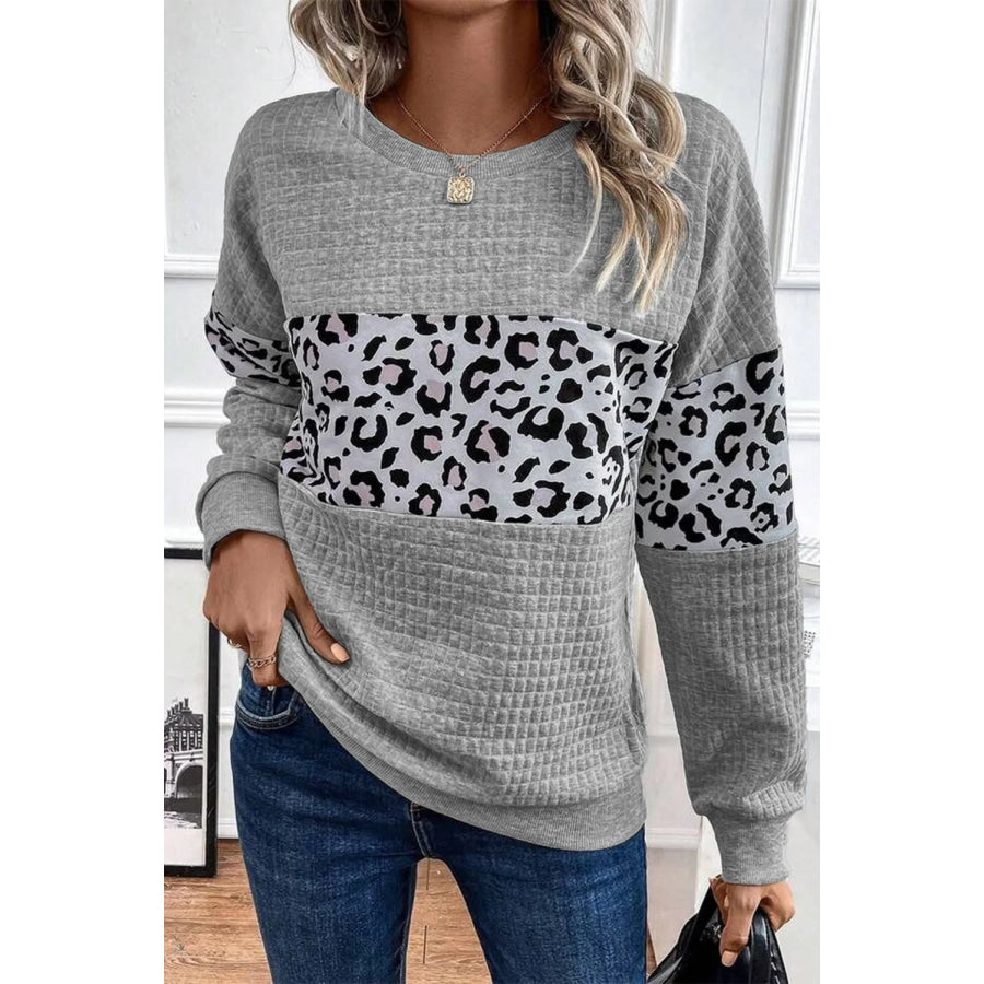 Leopard Round Neck Long Sleeve Sweatshirt Apparel and Accessories